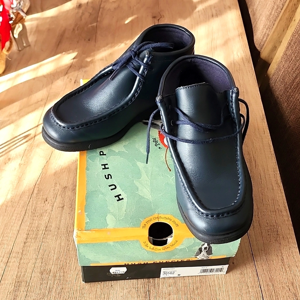 Hush Puppies Bridgeport Leather Moc Toe Chukka Boots Navy Lace Up Boys Size 4 - Picture 3 of 10